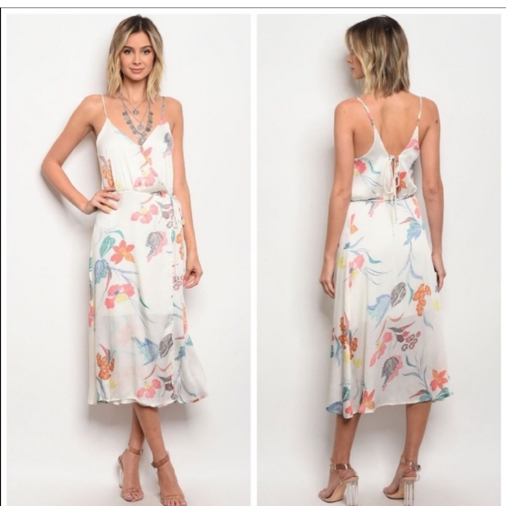 HONEY BELLE Floral White Midi Wrap Dress